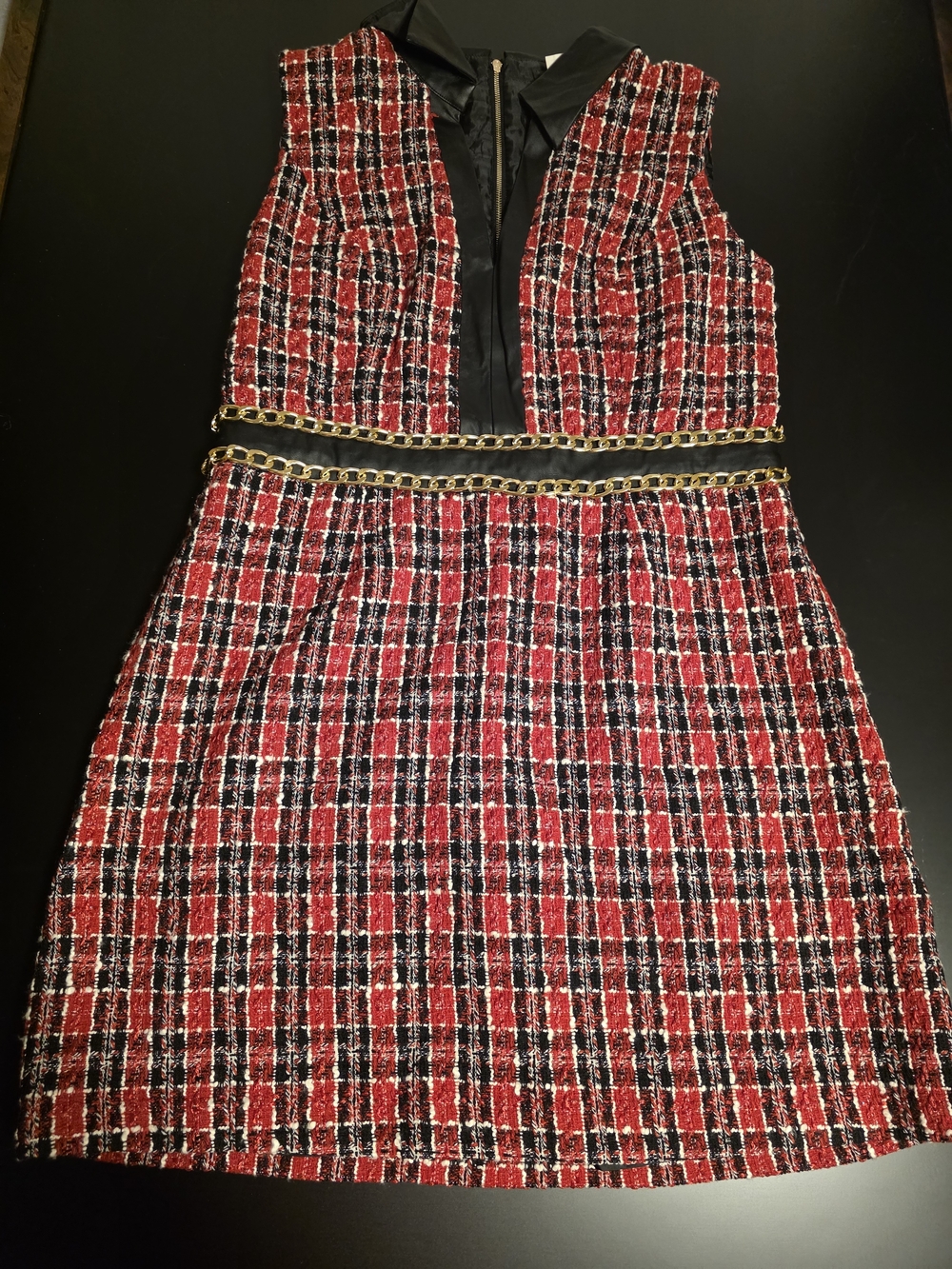 VENUS Red, Black & White Plaid Tweed Sleeveless Dress with Gold Chain